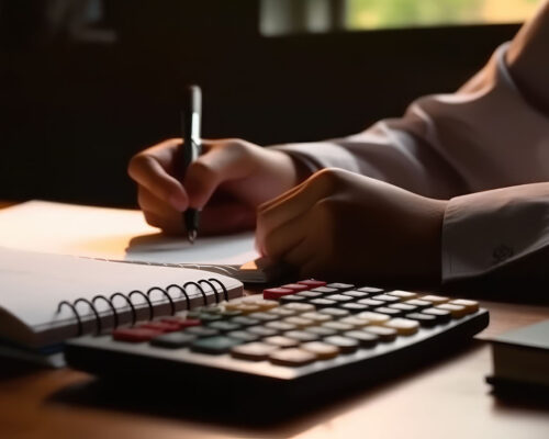 A man in a suit at a table counts on a calculator and writes dat